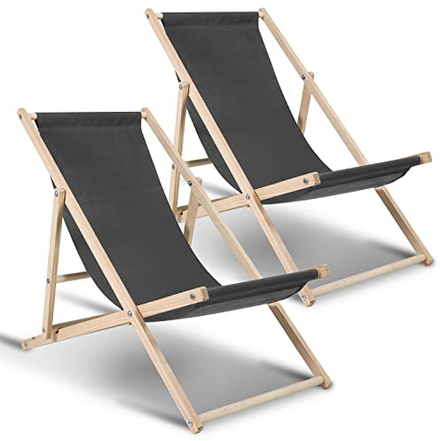 Hebitod Fällbar solstol i trä, set med 2 stycken, justerbar 120 kg lastbar, solstol för strand, camping, balkong, pool, fällstol, strandstol, väderbeständig relaxstol, campingstol, grå