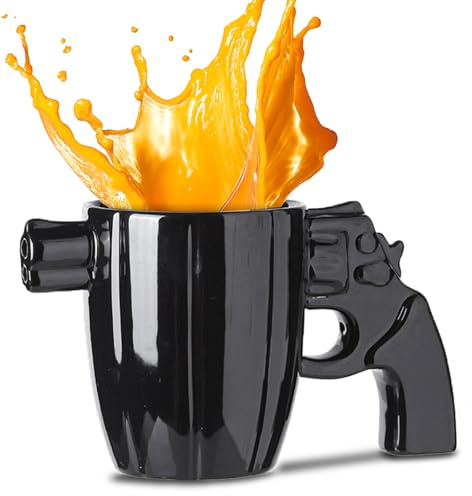 LUCYLANKER Taza de Café Con Mango de Pistola de Cerámica Divertida Y Moderna, Taza Novedosa, Taza de Café Con Revólver Personalizada Con Mango de Pistola 3D, Regalo Militar Para Hombres (Negro)