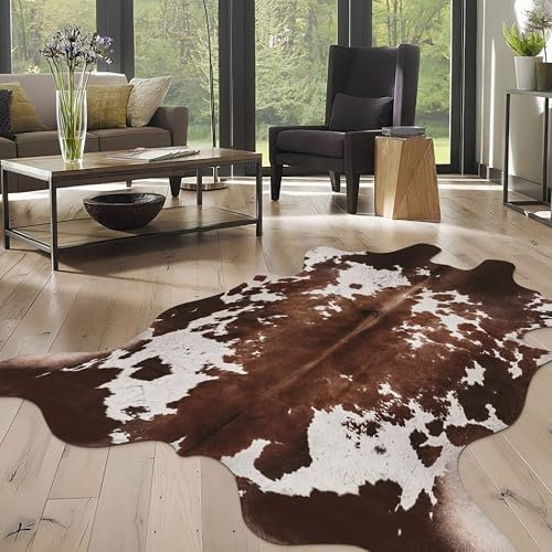 WARM HAVEN Cow Hide Faux Cowhide Rug: Cow Print Rug for Living Room Bedroom 4.6x5.2 Feet - Animal Print Skin Black and Brown Western
