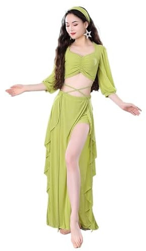 HEARTTOUCH Damen Bauchtanz Kostüm Zweiteiler Tanzbekleidung Kurzarm Crop Top Bauchtanz Rock Tanzrock Glitzer Halloween Karneval Fasching Kostüme (Grün,L)