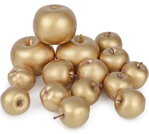 Meiwlong 15 Stück Künstliche Gold Apfel, künstliche Plastik Obst Dekor | Kunststoff & Schaumstoffmaterial, kein verblassen oder verrotten, Fruchtschalenfüller, Tischmentrum Dekor