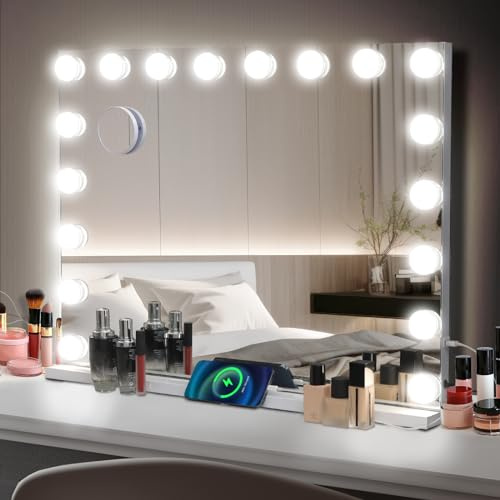 YU YUSING Specchio Trucco con Luci Hollywood, 80X62cm Specchio 18 Lampadine | Specchio Led Trucco con porta USB e Type C, 3 Colori, Luminosità Regolabile, Specchio da Tavolo, 10X, Controllo Touch, Bianco