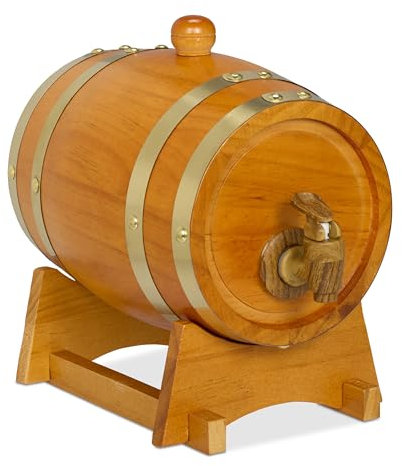 Relaxdays Whiskyfass, 1,25 l, Holz, Schnapsfass mit Bock & Zapfhahn, für Wein, Spirituosen, Deko Holzfass, Hellbraun