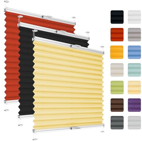 Fenster Plissee ohne Bohren zum Kleben auf Rahmen - Thermo Plisseerollo Innen - Rollo Jalousie, auf den Fensterrahmen, Faltrollo, Sichtschutz, Blickdicht, für Fenster & Tür - Gelb, 95 x 90 cm
