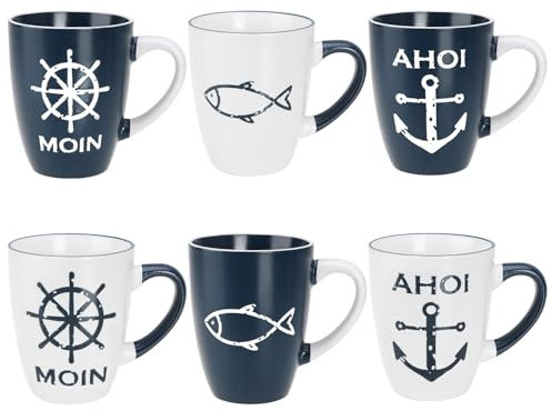 com-four® 6x tazze da caffè in ceramica - tazze da bere da 350 ml - Tazze da caffè marittime per casa e ufficio - Caffettiera per bevande fredde e calde (6 pezzi - bianco/blu)