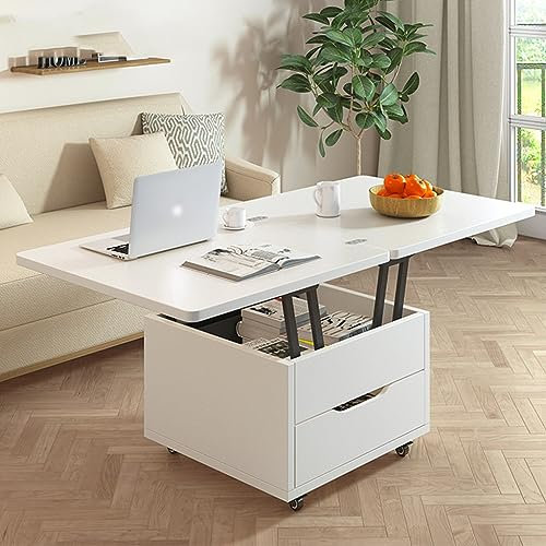 Modern Adjustable Height Coffee Table with Rotating Top and Hidden Storage Shelf for Living Room