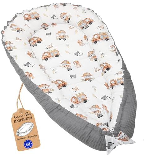 Leanbe Babynest 90x50 cm – Babynestchen für Neugeborene, Nestchen Baby aus Baumwolle & Polyester, Bettnestchen für Winter/Herbst, Baby Nest Set für Indoor & Outdoor (WAFFELSTOFF GRAU)