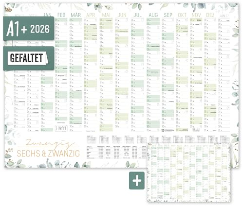 Häfft® XXL Wandkalender 2026 groß A1+ (63 x 89 cm) Blattgold 15 Monate Nov 2025 - Jan 2027 + gratis A4-Jahresplaner, Wandplaner Jahreskalender gefalzt - nachhaltig & klimafreundlich