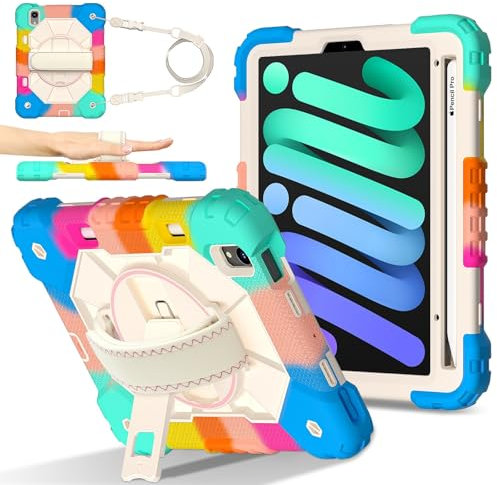 Voyage sur tablette Étui compatible avec iPad Mini 7 (A17 Pro) 2024/Mini 6 8,3 pouces 2021 avec porte-crayon, support de poignée multifonction rotatif à 360 degrés + bandoulière, étui de protection an