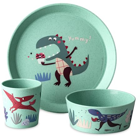 Koziol CONNECT REX Kindergeschirrset 3teilig | kleiner Teller + Schale + Becher | für Kinder ab 6 Monate | biozirkulärer Kunststoff, bruchfest, spülmaschinengeeignet (organic sage green)