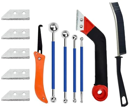 Grout Removal Tool Set,with 5 Pieces Extra Replacement Accessories 1 Piece Grout Removal Tool,1 Hand Saw Angled Grout Rake,1 Grout Press Ball and 1 Cleaning Brush,for Tile Floor Cleaning and Repair