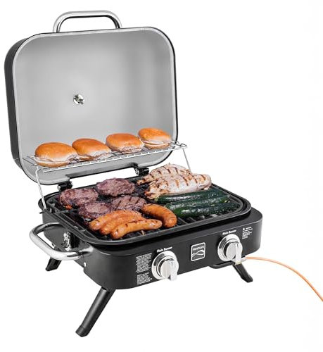 Kenmore Tragbarer Gasgrill - Kleiner 2-Brenner Balkongrill 14.000 BTU - BBQ Grill ideal für Camping, Camper und Balkon - 58 x 48 x 39 cm - Campingaz Grill - Tisch-Gasgrill (Schwarz - 50 Bar)