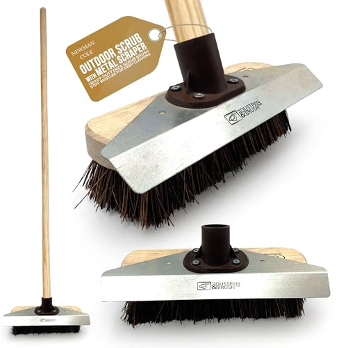 9” Yard Brush Outdoor Scrubber with Built-In Metal Scraper Yard Brush Heavy Duty Outdoor with 120cm Wooden Handle Bassine Garden Broom Sweeping Long Handled Scrubbing Broom