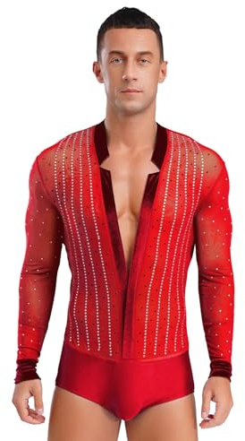 Winnrchan Men One-Piece Sheer Mesh Long Sleeve Latin Dance Shirt Ballroom Dance Leotard Unitard Ballet Dancewear Red Medium
