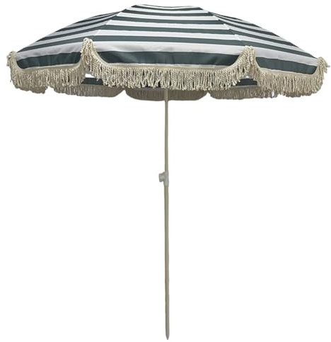 Parasol Rayé à Franges de 180 cm, Parasol de Table de Marché Extérieur avec Inclinaison Réglable, pour Véranda, Terrasse, Bord de Piscine