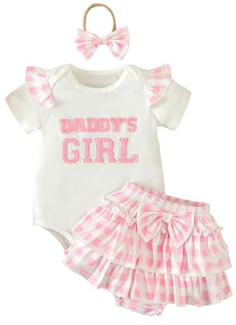 Raopuzi Conjunto Bebe, Ropa Recien Nacido Niña Verano, 3 Piezas Traje Algodón de Estampado de Letras Y Cuadros Rosados Y Blancos, Body Manga Corta+Pantalones Cortos con Volantes y Lazo+Diadema