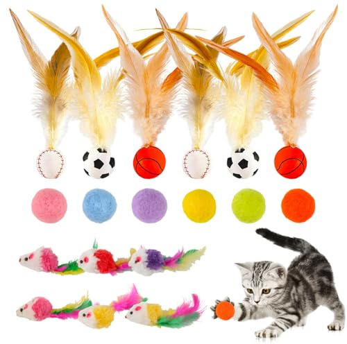 chenyu Katzenspielzeug Set 18 Stück Mit Gefiederten Hüpfenden Katzenspielzeug Ball Mäuse Helles Farbiges Geeignet für Katzen zum Spielen Drinnen Und Draußen