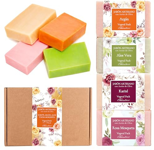 CABRERIZO SOAP Savon visage femme 4x125g - Savon solide corps et visage à l’huile d’olive - Coffret savons invités Karité, Argan, Aloe Vera, Rose Musquée – Cadeau bien-être naturel pour peau sensible