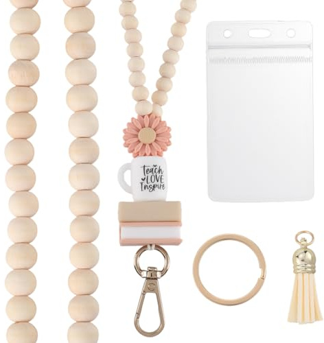 CREATCABIN Cordon Perles Fleurs Cordon Perles Bois Beige Style Bohème Silicone Motif Marguerite Café Livre Professeur Fermoir à Pompon Chaîne avec Porte Badges D'Identification pour Porte Clés 53.5cm
