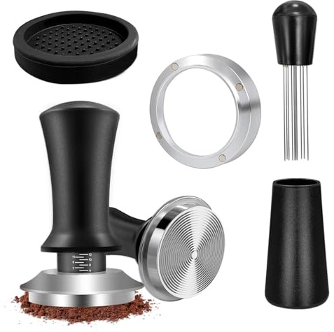 Kaffee Tamper 51mm, Espresso Tamper mit Skaleneinstellung, Edelstahl Kaffeestampfer mit 12-stiftiger Pulvertuchnadel, 51mm Pulverauffangring und Rundkissen, WDT Tool Kaffee für Cafes, Kaffeeliebhaber