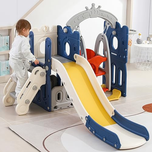 5 in 1 Set da Parco Giochi per Bambini Autoportante, Altalena con Scivolo, Canestro da Basket, Scivolo per Bambini Scivolo, Attività Kid Play Equipment per Ambienti Inter ed Esterni (Blu-A02)
