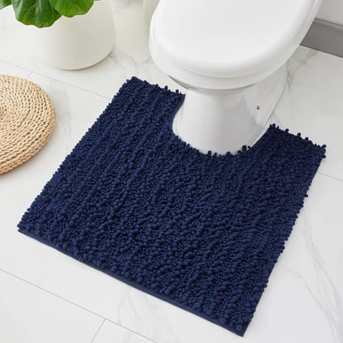 ILANGO Toilet Rugs U Shaped Navy Blue 24x24 Bathroom Rugs,Extra Soft Absorbent Chenille Bath Rugs,Thick Non-Slip Shaggy Bath Mat,Machine Washable Quick Dry Bath Mats for Toilet Contour