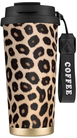 KHDKLXOHZ Leopard Pattern Print 16 Oz(500ml) Travel Mug with Leakproof Lid and Straw, Insulated Coffee Cup, Double Wall Vacuum Stainless Steel Thermal Mug for Hot and Cold Drinks