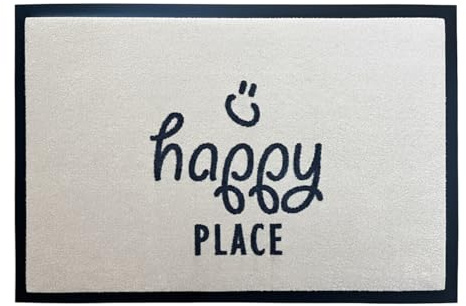 Kafloor Design Fußmatte Happy Place | Schmutzfangmatte waschbar & rutschfest | Fußabtreter modern mit Spruch in Beige für Innen & Außen - - 50 x 75 cm