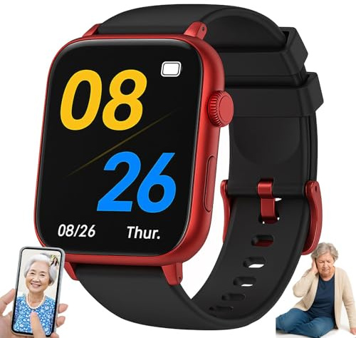 SUNBGRPYE Montre Connectée pour Seniors : Prévention des Chutes, Détection De Chute, Alarme SOS, GPS, Appels Vidéo HD, Rappels De Médicaments, Suivi De Santé, Étanche Ip67. Red