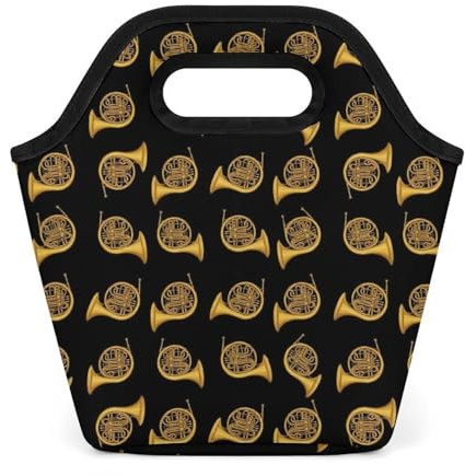 VAFZASC Waterproof Oxford Insulated Lunch Tote French Horns Gold Musical Instrument Black, Lunch Bag with Trim Handle, Portable Reusable Lunch Box for Women Men Travel Outdoor
