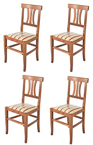 Tommychairs - Set 4 chaises ARTEMISIA pour cuisine, bar et salle à manger, robuste structure en bois de hêtre peindré en couleur noyer clair et assise rembourrée et revêtue en tissu liseré rouge