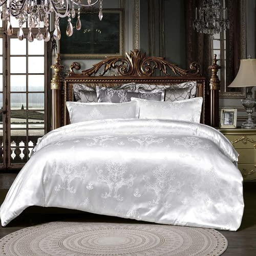DXHOME Satin Bettwäsche 135x200 Weiß Bettbezug Set 2teilig Seide Wendebettwäsche Microfaser Zweiteilig Jacquard Blumenmuster Stickerei Weiss Bettwäschegarnitur Einzelbett mit Reissverschluss