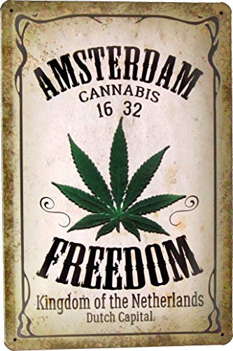 Blechschild 20x30 Amsterdam Freedom mit Marihuana Blatt Vintage Design Cannabis Gras Hanf Weed Smoke Rauchen Tabak
