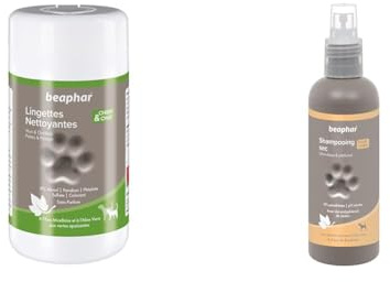 Beaphar – Lingettes nettoyantes Yeux, Oreilles, Pattes et Pelage pour Chien et Chat & – Spray Shampoing Sec Ultra-Doux pour Chien – Extraits naturels d'Aloe Vera et de l'eau de Framboise – 200 ML