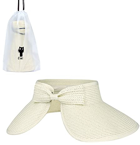 Andiker Straw Hat Sun Visor Hat with Wide Brim for Women Ladies Foldable Cap Ponytail Beach Hats with A Storage Bag for Summer Black White Beige (Beige)