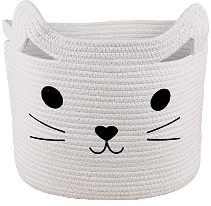 Bigepige Aufbewahrungskorb Kinder, Baby Spielzeug Baumwollseil Aufbewahrung Korb Geflochten, WäSchekorb Faltbar Kinderzimmer Deko Katze (40x28x28cm)