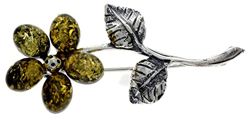 Noda 4015 - Spilla a forma di fiore in vera ambra baltica e argento sterling, Argento sterling, Ambra