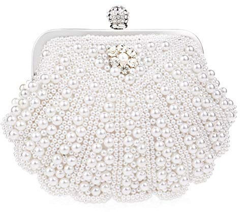 NICOLE & DORIS Cartera de Mano Fiesta, Clutch Mujer Bolso al Hombro para Mujer Retro Beaded Perlas Bolso de Noche Bolso de Embrague para Ceremonia Boda Novia Blanco L