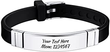 OTXIXTO Custom Armband Gravur Namen Silikon Sport Handgelenk Identifikation ID Tag Armband/Personalisiert für Männer Frauen Edelstahl Gummi Einstellbare Länge (SA: Schwarz)