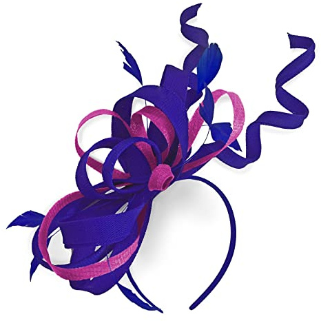 Caprilite. Mix Swirl Fascinator Hat on Headband Wedding Ascot Races Bespoke Sinamay for Ladies (Royal Blue Colbalt and Fuchsia Hot Pink)