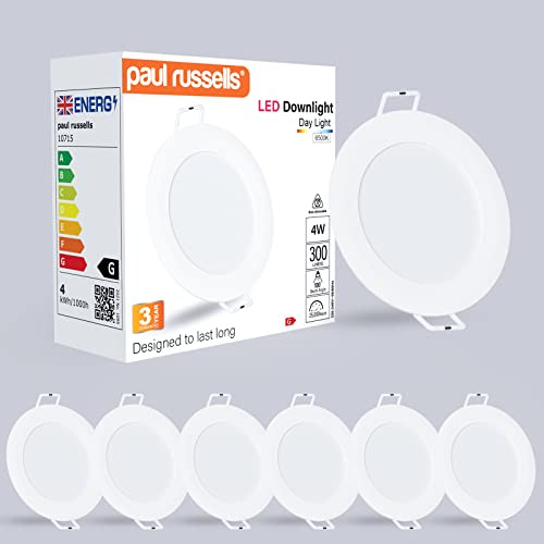 paul russells LED Ceiling Downlights, 4W Slim Recessed Bathroom Downlights, Kitchen Ceilings, 300 Lumens, 6500K Bright Daylight, Cutout 70-80mm, Round Non-Dimmable Panel Spotlights, 6 Pack