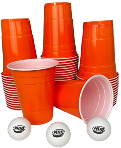 MBP My Beer Pong Juego de 50 vasos de fiesta de color naranja + 3 bolas – 473 ml (16 oz.) – apto para alimentos y robustos, reutilizables y adecuados para el lavavajillas