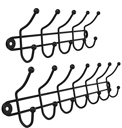 KADAX Wandgarderobe, Garderobenhaken, Hakenleiste, Doppelhaken, Kleiderhaken, Garderobenleiste, Wandhaken aus Stahl, Bademantelhaken, Handtuchhaken, matt, schwarz (2er Set: 7 und 5 Haken)