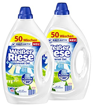 Weißer Riese Universal Gel 100 WL (2 x 50 Waschladungen), Vollwaschmittel sorgt für strahlend saubere Wäsche & wirkt riesig stark gegen Flecken, Kalt-Aktiv schon ab 20° C, 100% recycelbar*