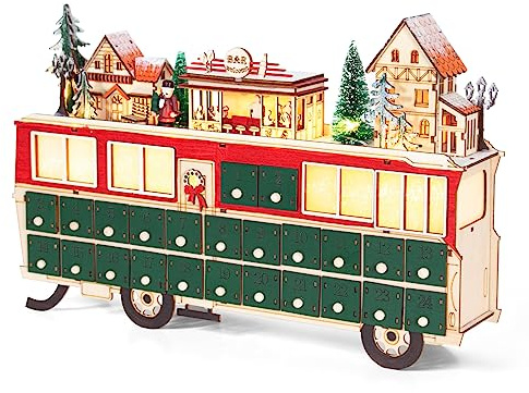 Todeco Calendrier de l'Avent en bois, 24 Tiroirs à remplir, Calendrier de l'Avent Lumineux, Forme du bus, Décoration de Noël en Bois, 43 x 8,5 x 28 cm