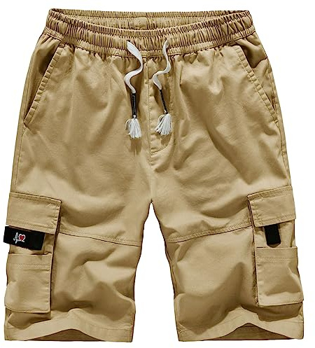 Jamron Homme Grande Taille Short Bermuda Cargo à Taille Élastiquée avec 8 Poches Été Short en Coton Décontracté Kaki 5XL