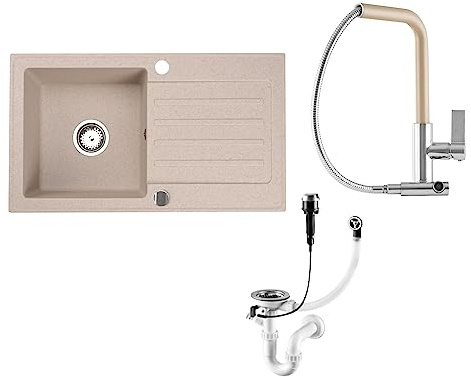 Faizee Granitspüle 75x44 cm in Beige – inklusive Armatur Side & Siphon – beidseitig montierbare Einbauspüle aus hochwertigem Granit – kratzfest & hitzebeständig