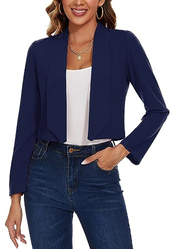 MINTLIMIT Womens Cropped Blazer Long Sleeve Suit Open Front Cardigan Work Office Evening Wedding (Navy L)