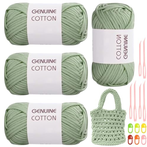 RANJIMA Fettuccia per Borse a Uncinetto - 4 Pezzi Gomitolo di cotone Verde Chiaro, Filato Maglieria Filato Grosso per Ferri e Uncinetto, Fai da Te, Decorazioni, Artigianato, Borse Coperte Scarpe