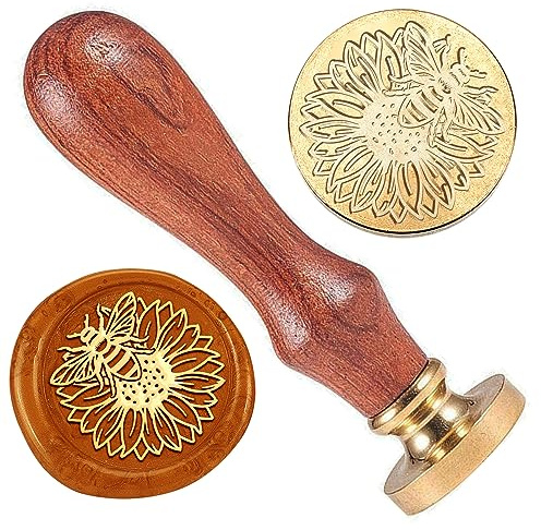 DELORIGIN Wachssiegel Stempel Mit Sonnenblumen Bienen Wachsstempel 25mm Vintage Stempelkopf Wax Stamp Aus Messing Mit Holzgriff Für Hochzeit Umschläge Dekoration Einladungen Karten Weinpakete